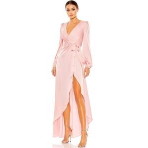 Leena Mac Duggal Draped Faux Wrap Long Sleeve Gown Size 8 Rose Pink Maxi Dress